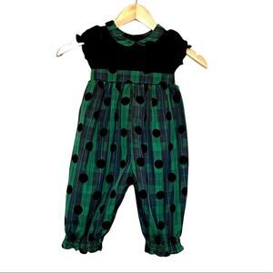 BlueBeri Boulevard 2T green black velour plaid snap short sleeve jumpsuit romper